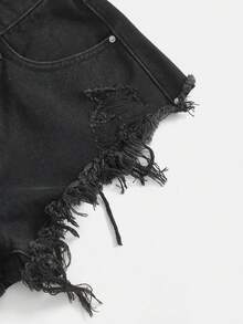 SHEIN Tall Women's Casual Distressed Frayed Hem Denim Shorts - Black - View 5