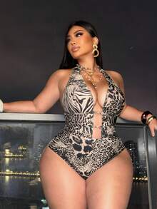 Swim SXY 2026 New Plus Size Halter Neck One-Piece Swimsuit, Sexy Deep V-Neck Backless Leopard Print, Fashion Party Beach Holiday - Brown - View 4