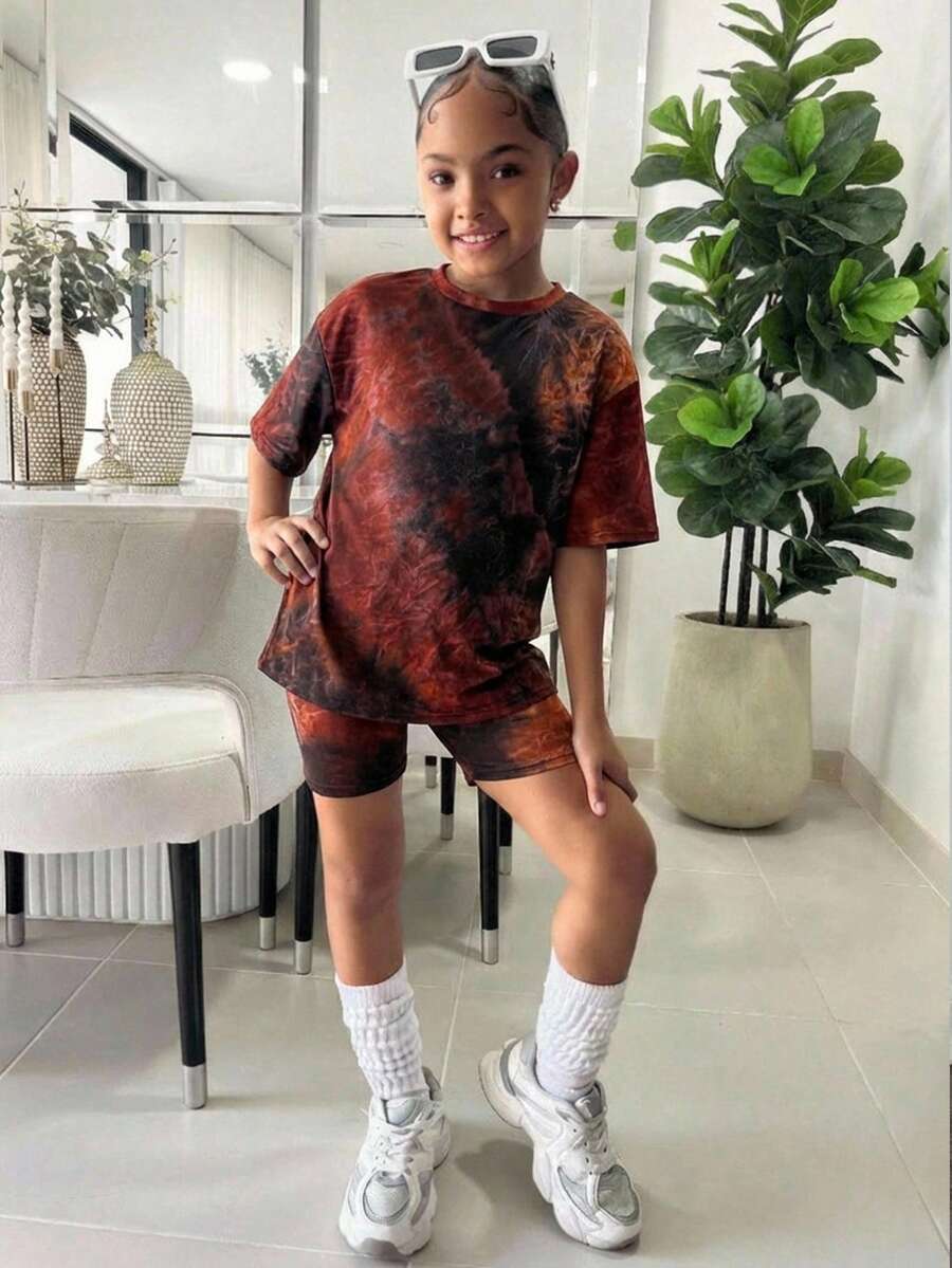 Conjunto de camiseta de cuello redondo holgada con efecto tie-dye y leggings negros para niñas preadolescentes - Negro - Ver 1