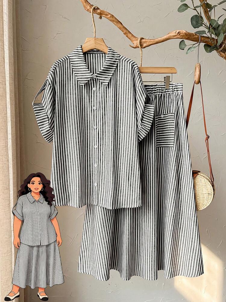 2pc Set Plus Size Women's Summer Casual Vacation Country Black And White Striped Blouse Shirt Top And Skirt 2 Piece Set With Pockets,Summer Holiday,Spring Break Outfits ,Vacation Outfits Women ,Holiday Outfits For Women,Going Out Outfits,2026 New Clothes,Simple And Fashionable For Everyday Wear, Striped Two Piece Set, Shirt And Skirt Set, Two Piece Set Women Short Sleeve,Summer Skirt Sets, Summer Outfit Set For Women, Skirts Sets,Suitable For Summer, Vacation, Commute, Daily Wear