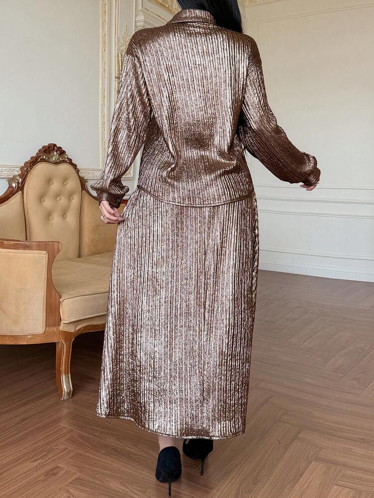 Women's Casual Shiny Textured Shirt And Skirt 2 Pieces Set, Spring/Summer