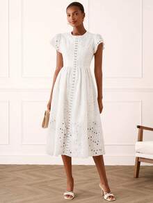 Lilora Women's Elegant White Summer Dress,Embroidered Eyelet Midi Dress With Puffy Short Sleeves,Sophisticated Graduation,Resort Wear & French Style Picnic - White - View 2