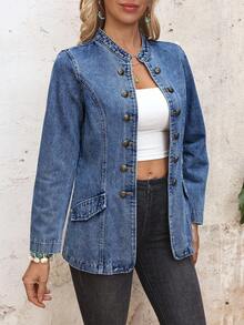 EMERY ROSE Women's Metal Button Casual Denim Jacket - Blue - View 7