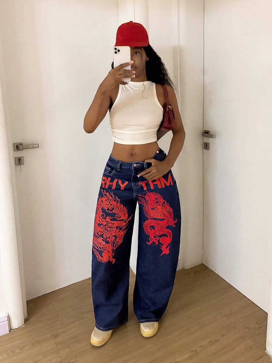 StreetHx 女士时尚休闲刺绣阔腿喇叭牛仔裤 - 深色水洗藍 - 查看 1