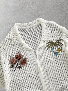 ROMWE MEN Street Life 男士短袖棕榈树刺绣镂空单排扣针织上衣 - 白色 - 查看 10