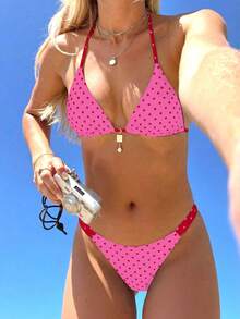Swim Mod Bộ bikini nữ mùa hè mới, thời trang đi nghỉ mát bên bờ biển, ngọt ngào, dễ thương, họa tiết chấm bi tương phản, hai mặt, kiểu buộc dây cổ sau lưng, gợi cảm. - Nhiều màu - Xem 3