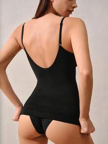 Veilyse Women Seamless Shaping Top, Sexy Deep V-Neck, Bodycon, Backless, Waist & Tummy Control, Camisole, No Bra Pad - Black - View 2