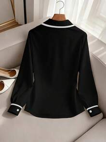 SHEIN Franclia Casual Color Block Long Sleeve Shirt, Minimalist For Commuting - Black - View 2
