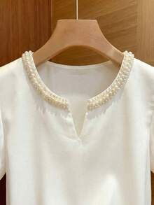 Franclia 时尚新款法式纯色圆领开衩串珠套头短袖白色女式衬衫，适合春夏穿着，也适合夏季、春季、复活节、节日、派对、海滩、婚礼、毕业典礼、外出、舞会、生日等场合。 - 白色 - 查看 7