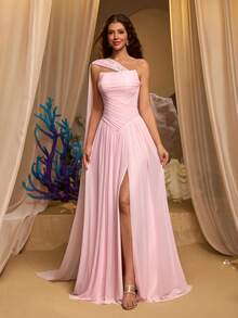 Glamrae Đầm dạ hội sang trọng và thanh lịch bằng vải chiffon màu hồng, xếp ly, được trang trí bằng kim cương thủ công, cổ thuyền, chân váy maxi bồng bềnh với đuôi váy dài, thích hợp cho nữ. - Hồng - Xem 7