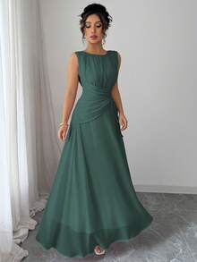 Elenzga Vestido Longo Vintage Elegante de Chiffon Romântico Casual Feminino, Adequado para Praia, Chá da Tarde, Festa, Trabalho, Sem Mangas, Gola Redonda, Cintura com Cordão, Costas Plissadas, Forro, Primavera/Verão - Verde Escuro - Visão 3