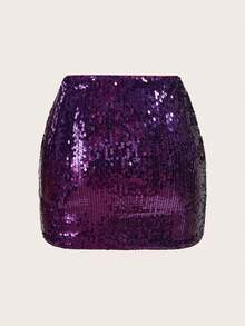 SHEIN ICON 女士纯色闪亮派对迷你裙 - 紫色 - 查看 2