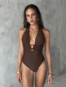 SHEIN Luminelle Women's Solid Color One-Piece Swimsuit, Flattering High Cut, Sexy Beach Vacation Wear, Halter Neck Swimsuit, Brown Swimsuit - Coffee Brown - View 6
