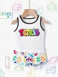 Tetris™ X SHEIN 男童字母印花背心和几何印花短裤两件套内衣套装 - 白色 - 查看 1