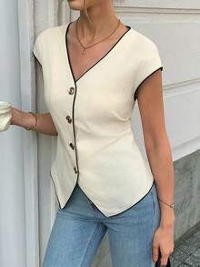 Elyressa 一位女士织造的简约优雅的法式夏季衬衫 - 杏色 - 查看 4