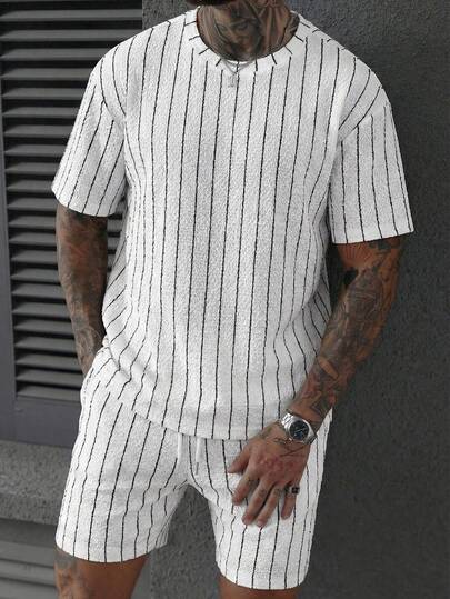 Manfinity CasualCool Men's Contrast Color Stripe Print Short Sleeve T-Shirt And Shorts Set,Men Old Money,Daily Leisure, Weekend Trips, Outdoor Activities, Travel Expeditions, Relaxed Work Environments Or Semi-Formal Occasions, Boyfriend/Husband Gift, Anniversary /Birthday Gift Party Summer Vacation Holiday,Wedding,Spring To Summer,Mardi Gras,Men's Two Piece White Vertical Striped Top And Shorts Matching Set Comfortable Summer Co Ord,Men 2 Piece Set Stripe,Men Two Piece Set Summer,Casual Two Piece Set Men,Men Co Ord Set,Men Summer Sweatsuit