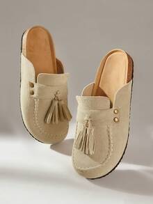 Solecia 女士休闲流苏设计平底便鞋，百搭时尚日常穿着 - 卡其色 - 查看 2