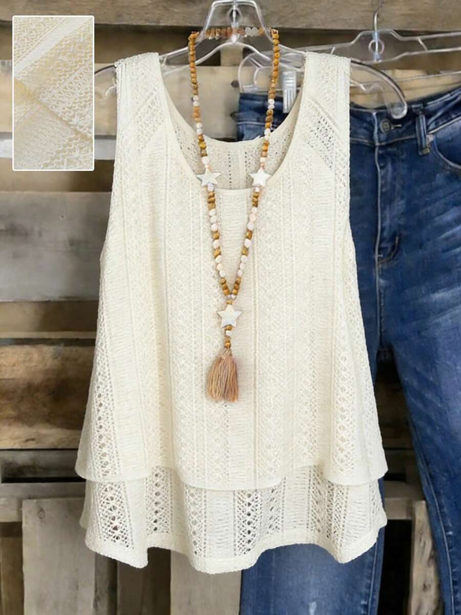 SHEIN LUNE Camisa tipo chaleco para mujer talla grande, de tela jacquard con encaje, corte holgado en línea A - Albaricoque - Ver 1