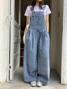 DAZY Quần yếm và áo liền quần denim dáng rộng, ống thẳng, phong cách thành thị dành cho nữ. - Rửa trung bình - Xem 7