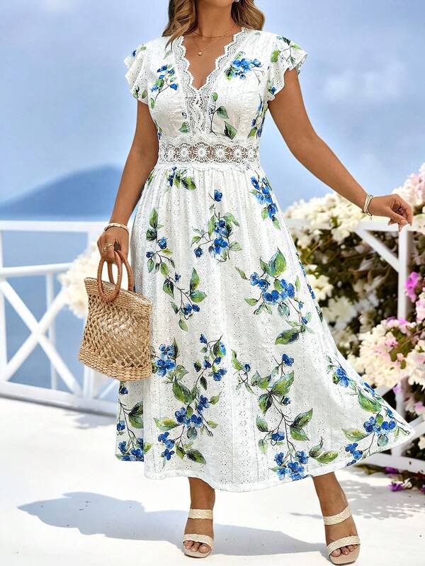 Reflora Plus Size Women's Lace Patchwork Elastic Knit Dress With Flared Hem And Flare Sleeves, Spring/Summer Birthday Dresses For Women Birthday Outfits For Women Carnival Costume Carnival Women Look 2026 Women Carnival Costume Carnival Outfit Carnival Costume For Women Women's Carnival Costume Vacation Outfits Women Holiday Outfits For Women Summer Holiday Outfits Summer Vacation Outfits Spring Outfits For Women Spring Outfit Women Spring Break Outfits Summer Outfits For Women Summer Clothes Summer Vacation Outfits Summer Outfits For Woman Summer Clothes Women Floral Dress Floral Dresses For Women Flower