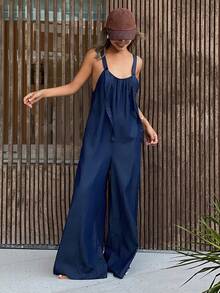 DAZY 女士宽松长款都市休闲牛仔背带裤和连体裤 - 深色水洗藍 - 查看 3