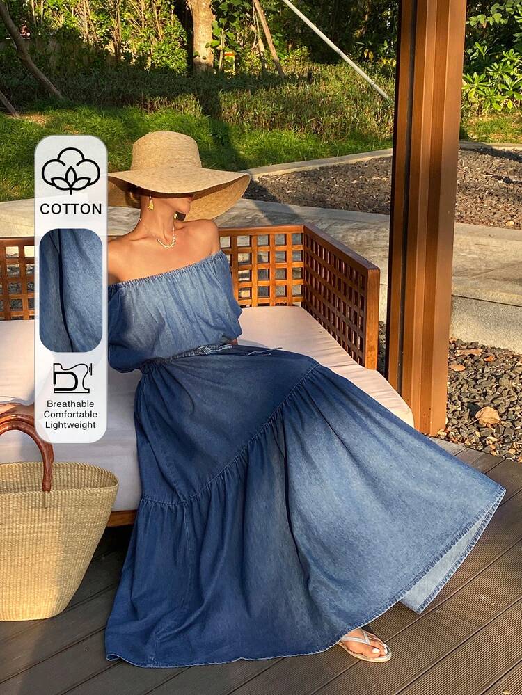 Women's Off-Shoulder Cinched Waist Short Sleeve Vacation Style Long Denim Dress Summer Maxi Dress