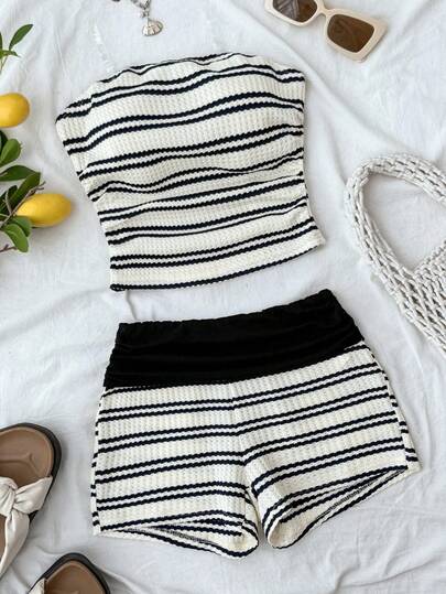 SHEIN Tween Girls' Fashion Personalized Splice Casual Minimalist Comfortable Striped Tank Top And Shorts Set, Suitable For Spring/Summer
