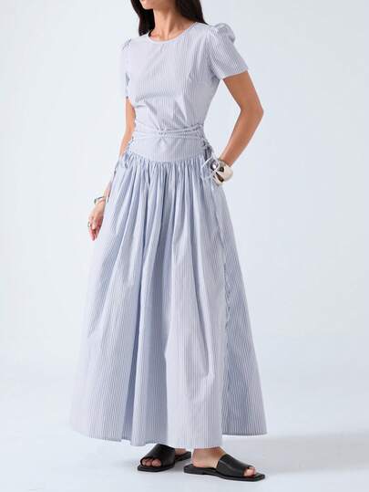 LYSMO 2026 New Arrive Minimalism Spring/Summer Women's Striped Round Neck Short Petal Sleeve Side Tie Waist Casual Dress