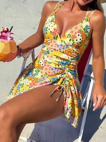 Swim Vcay Women's Summer Beach Floral Print Drawstring Criss-Cross V-Neck Ruffle Skort Swimsuit Cover Up - Multicolor - View 1