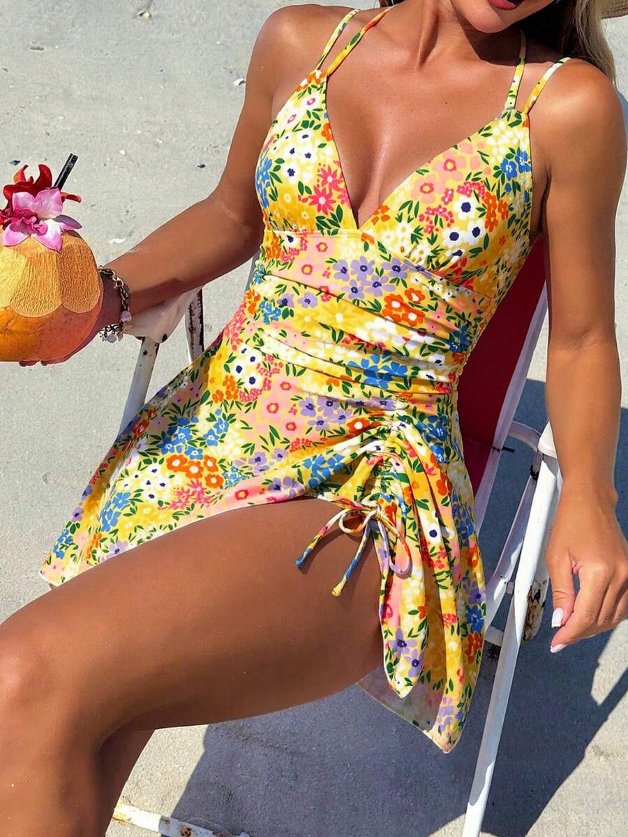 Swim Vcay Women's Summer Beach Floral Print Drawstring Criss-Cross V-Neck Ruffle Skort Swimsuit Cover Up - Multicolor - View 1