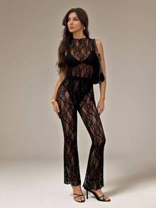 SHEIN Tall Lace Long Sleeve Sheer Jumpsuit With Sheer Pants Set Jumpsuits For Woman Party Lace Outfit Women Black Lace Jumpsuit Lace Jumpsuit Sexy Jumpsuit For Women - Black - View 1