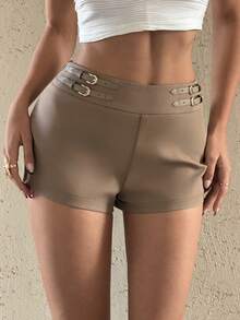 Bluhae Stylish Khaki Mini Shorts For Women Casual Woven Fabric Plain Design With Decorative Buckles - Khaki - View 4