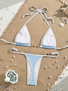 Swim Vcay Conjunto De Bikini De Triángulo Halter Con Ribete En Contraste De Playa De Verano - Celeste - Ver 3