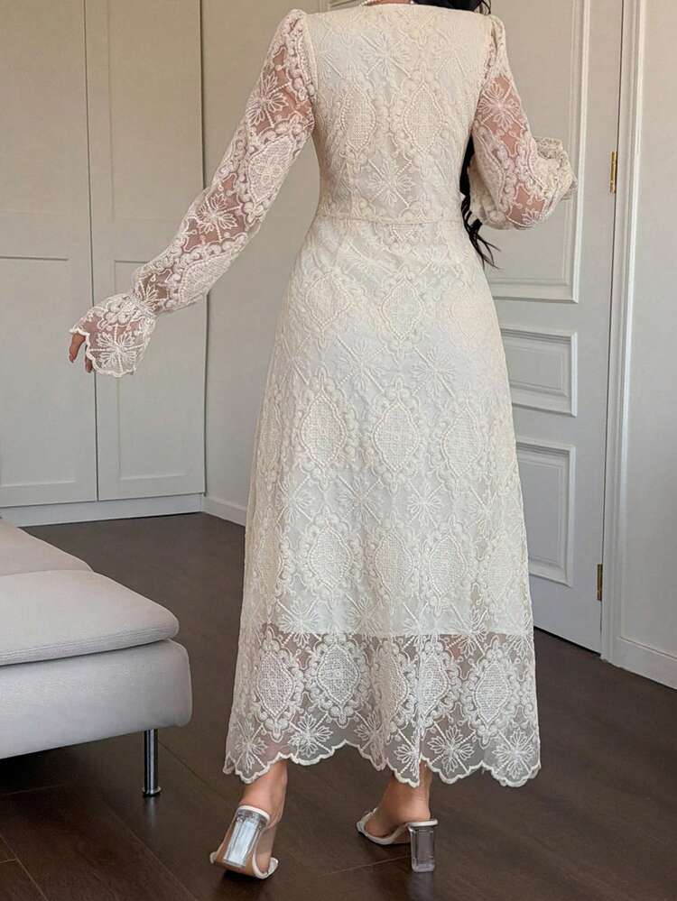 Women's Elegant Lace V-Neck Petal Sleeve Midi Dress, Suitable For Spring And Summer Occasions Sun Dresses For Women