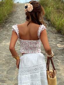 Joudiya Spring & Summer Ditsy Floral Pink Chiffon Blouse, Casual Vacation Beach Style, Tie Front Crop Top Design, Fitted Waist Women Shirt - Pink - View 9