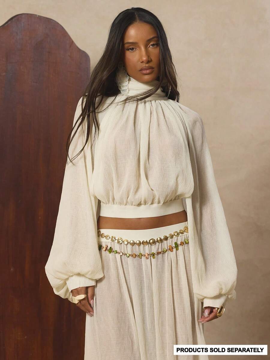 MUSERA Blusa coordinada con cuello alto, holgada, con espalda abierta y dobladillo ajustado, solo parte superior, linda para primavera, vacaciones, estilo dulce, sal y verano - Crema - Ver 1