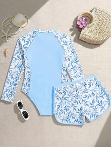 少女度假沙滩植物印花拼接连体泳衣带短裤套装 - 藍色 - 查看 2