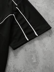 ROMWE MEN Men's Casual Contrast Trim T-Shirt And Shorts Set, Summer - Black - View 2