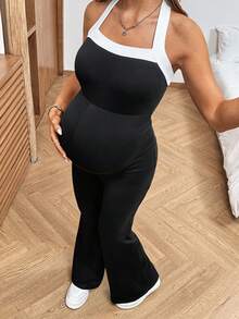 SHEIN Bộ áo liền quần bầu mùa hè kiểu dáng thường ngày, phối màu tương phản, hở lưng, cổ yếm. - Đen và trắng - Xem 5