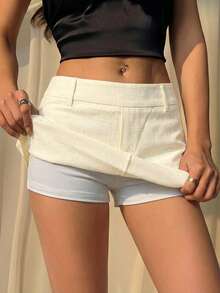 SHEIN EZwear Chân váy ngắn cạp thấp màu vàng nhạt dáng thường ngày dành cho nữ, thích hợp cho mùa xuân/hè. - Vàng nhạt - Xem 6