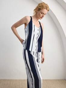 Ocili 女士缎面渐变条纹宽松吊带背心和长裤睡衣套装 - 藍白色 - 查看 2
