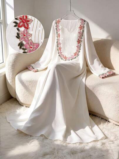 Yasmyna Elegant Floral Embroidery Patchwork Long Sleeve Loose Flowy Romantic Dress