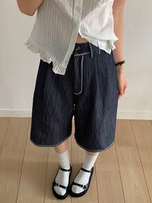 DAZY 女士纽扣腰带宽松休闲短裤 - 藍色 - 查看 2