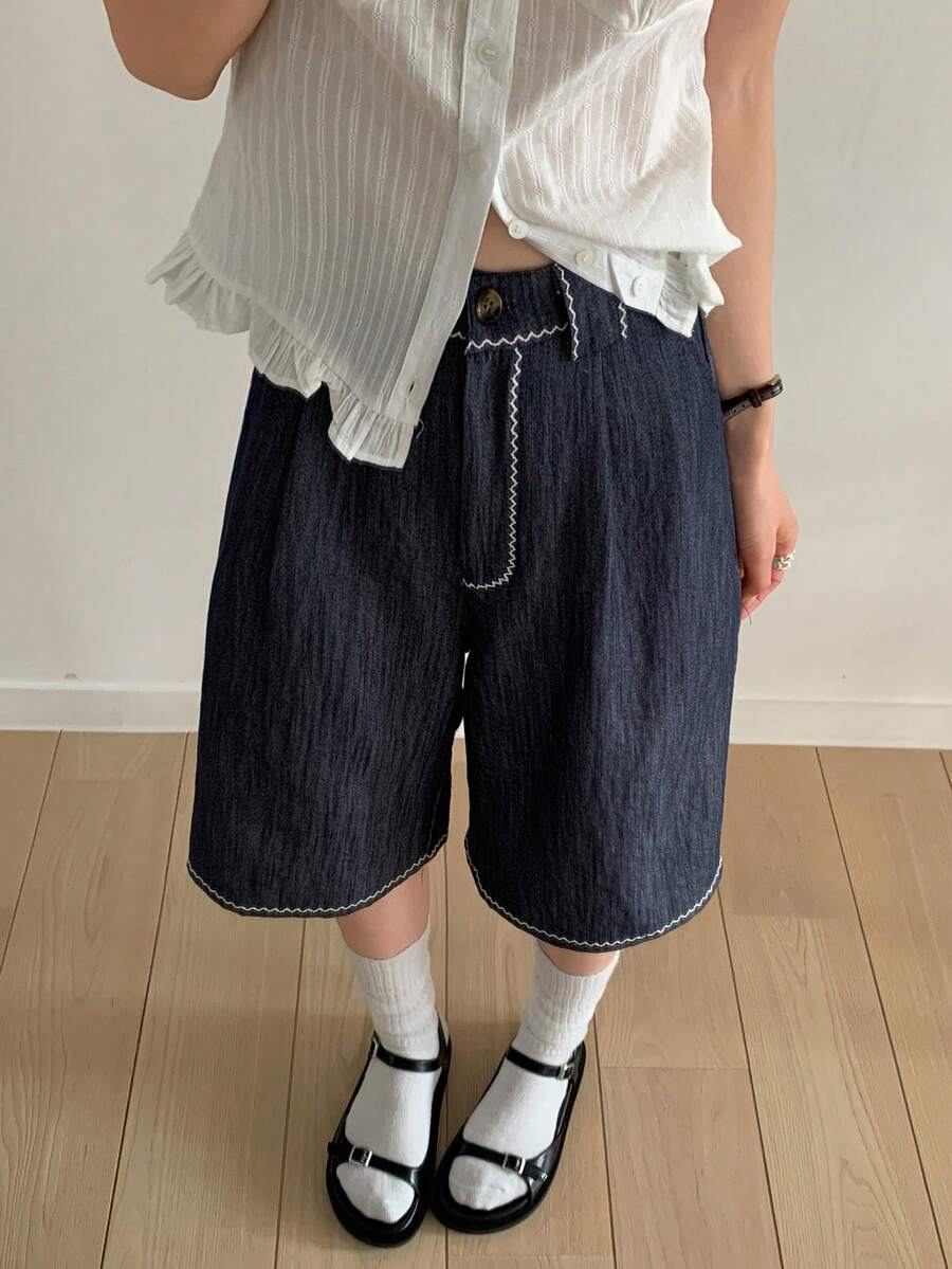 DAZY 女士纽扣腰带宽松休闲短裤 - 藍色 - 查看 1