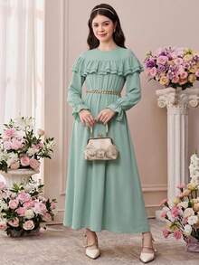 SHEIN Pitira Teen Girls Ruffle Trim Flounce Sleeve Belted Dress Graduation Dress - Mint Green - View 5