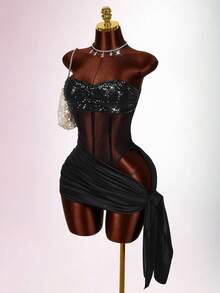 Amplova Women's Sexy Tie-Up Mini Dress, Sequins Embellished Tie-Up Wrap Hem, Suitable For Party & Nightclub - Black - View 1