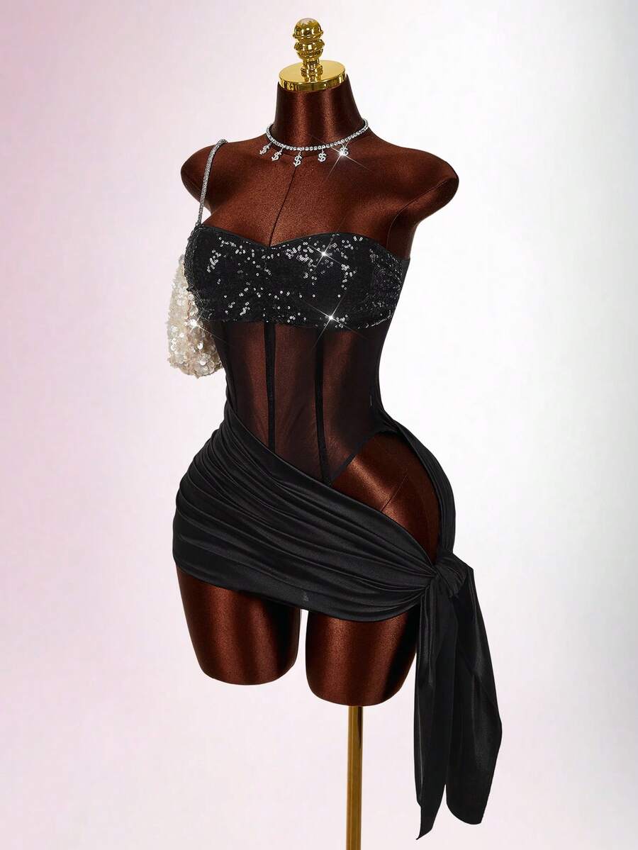 Amplova Women's Sexy Tie-Up Mini Dress, Sequins Embellished Tie-Up Wrap Hem, Suitable For Party & Nightclub - Black - View 1