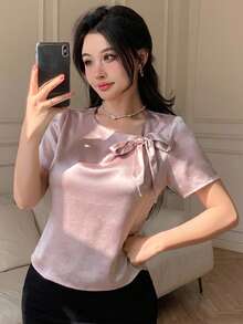 DAZY Women's Elegant Solid Color Bow Decor Blouse, Summer - Pink - View 6