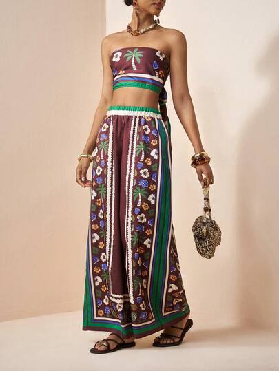 Zivah Vintage Print Scarf Top & Elastic Waist Pants 2 Pieces Set For Women