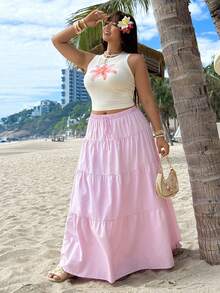 GalTyme 大码印花吊带背心和条纹半身裙两件套，休闲度假装 - 彩色 - 查看 5